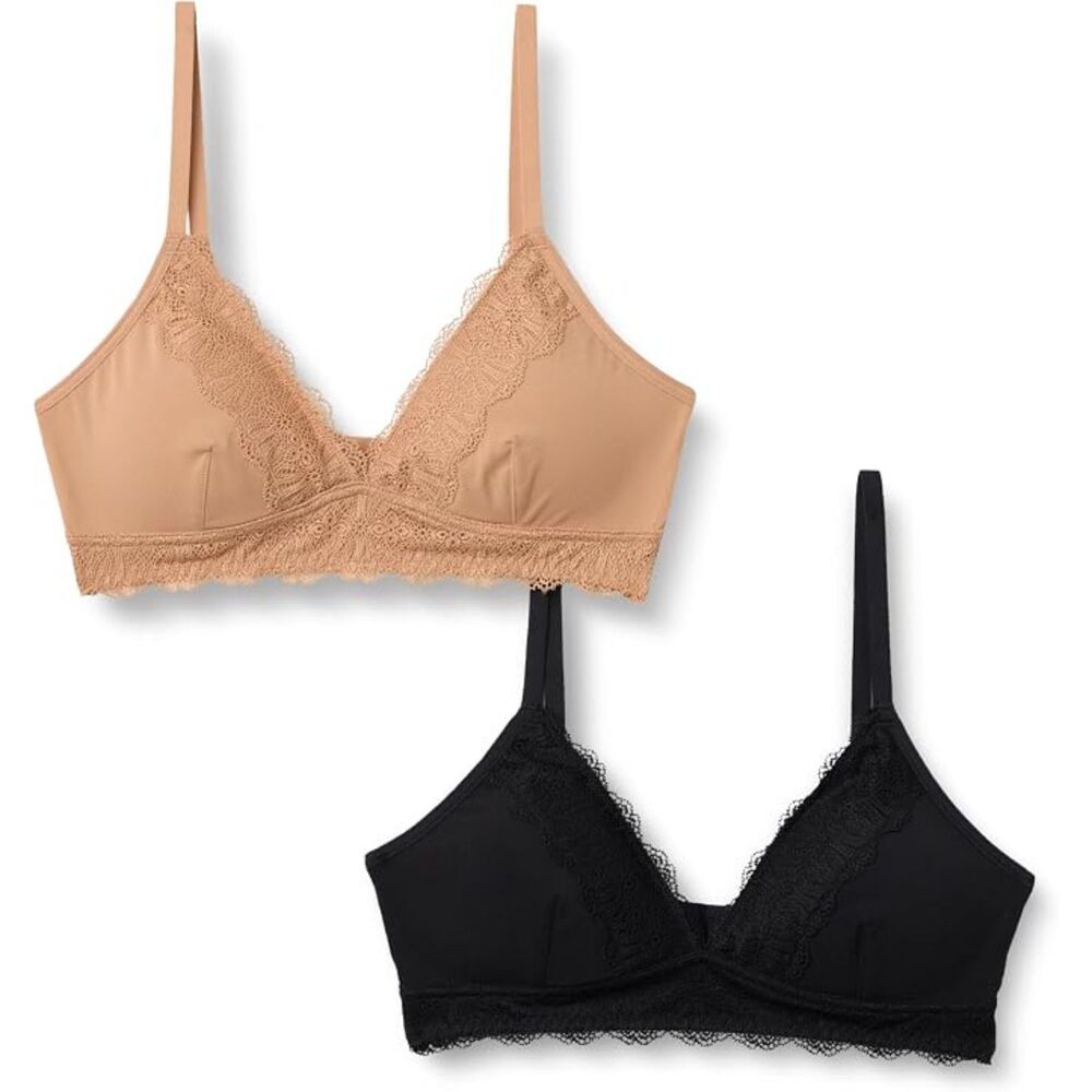 Amazon Essentials Women's Peached Microfibre with Lace Trim Lined V Neck Bra2 pk